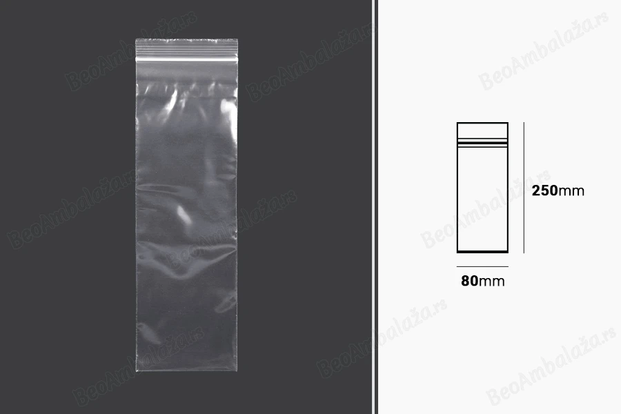 Plastična kesica 80x250mm, providna i sa belim zip zatvaračem - 100 kom-dimenzije_slike