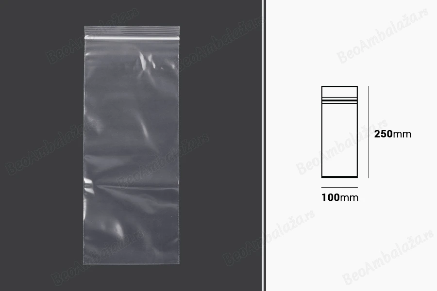 Plastična kesica 100x250mm, providna i sa belim zip zatvaračem - 100 kom-dimenzije_slike