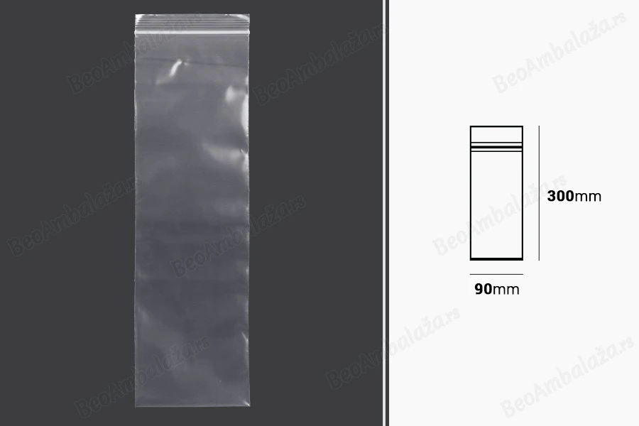 Plastična kesica 90x300mm, providna i sa belim zip zatvaračem - 100 kom-dimenzije_slike
