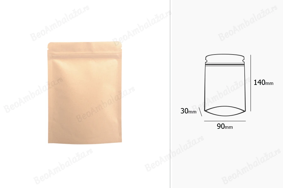 Kraft DoyPack kesice 90x30x140 mm sa zip zatvaranjem, unutrašnjom aluminijumskom oblogom, ovalnim dnom i sa mogućnošću termo zatvaranja – 50 kom-dimenzije_slike