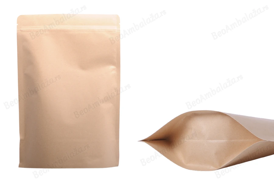 Kraft DoyPack kesice sa zip zatvaranjem, unutrašnjom aluminijumskom oblogom, ovalnim dnom i sa mogućnošću termo zatvaranja 200x50x300 mm – 50 kom-slika_proizvoda