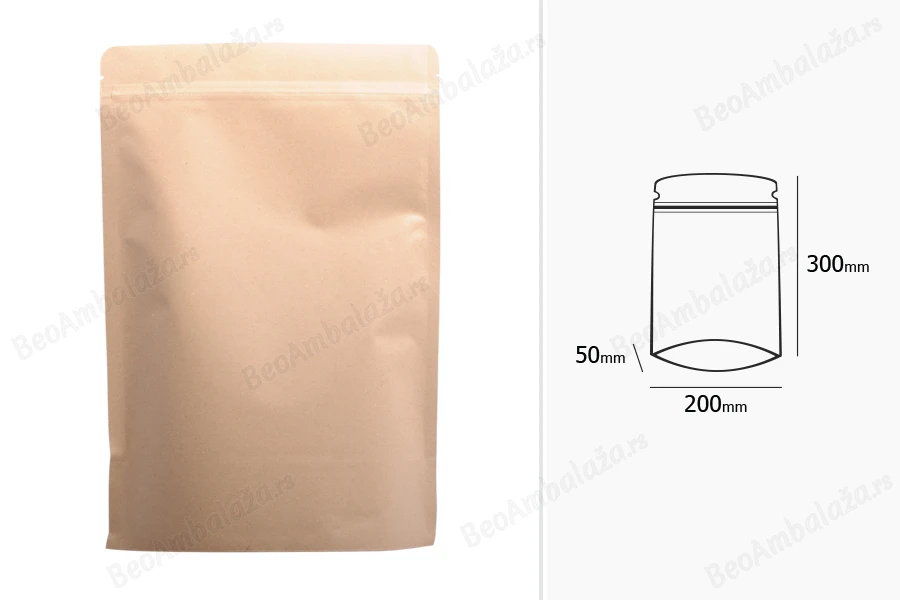 Kraft DoyPack kesice sa zip zatvaranjem, unutrašnjom aluminijumskom oblogom, ovalnim dnom i sa mogućnošću termo zatvaranja 200x50x300 mm – 50 kom-dimenzije_slike