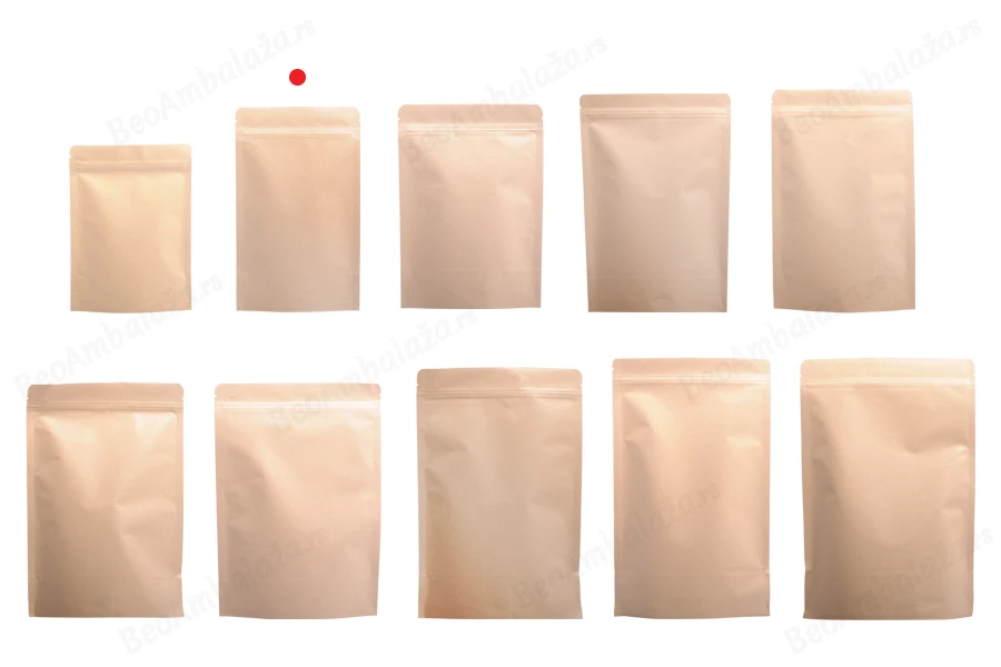 Kraft DoyPack kesice 110x30x185 mm sa zip zatvaranjem, unutrašnjom aluminijumskom oblogom, ovalnim dnom i sa mogućnošću termo zatvaranja – 50 kom-grupa_slika