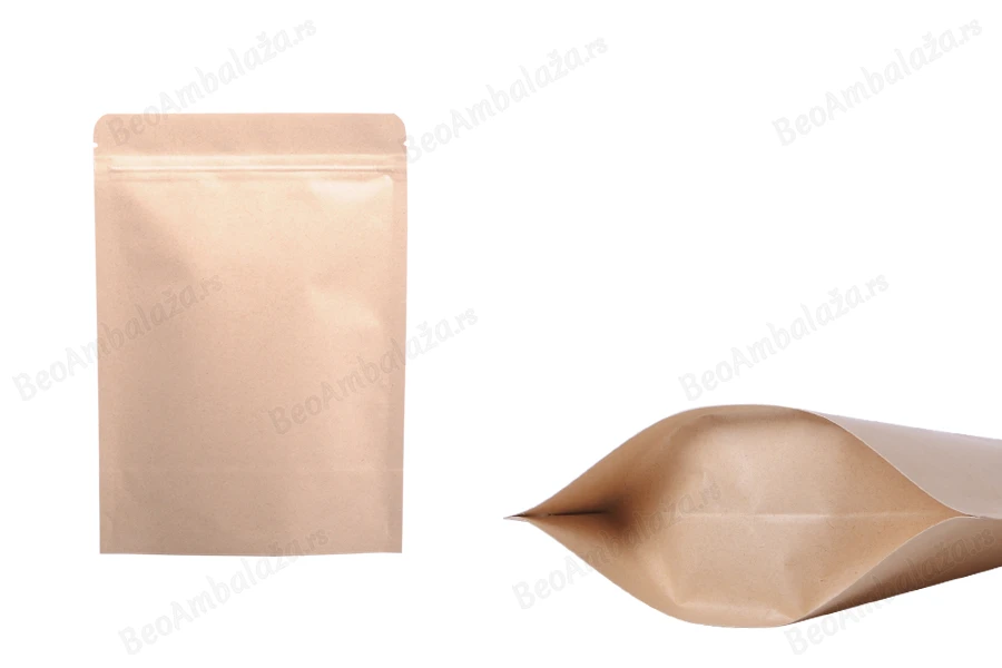 Kraft DoyPack kesice sa zip zatvaranjem, unutrašnjom aluminijumskom oblogom, ovalnim dnom i sa mogućnošću termo zatvaranja 130x40x185 mm – 50 kom-slika_proizvoda