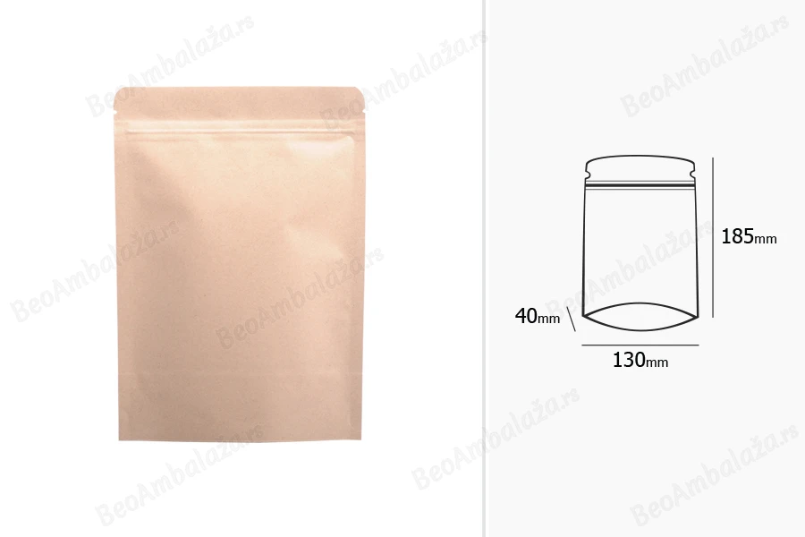 Kraft DoyPack kesice sa zip zatvaranjem, unutrašnjom aluminijumskom oblogom, ovalnim dnom i sa mogućnošću termo zatvaranja 130x40x185 mm – 50 kom-dimenzije_slike