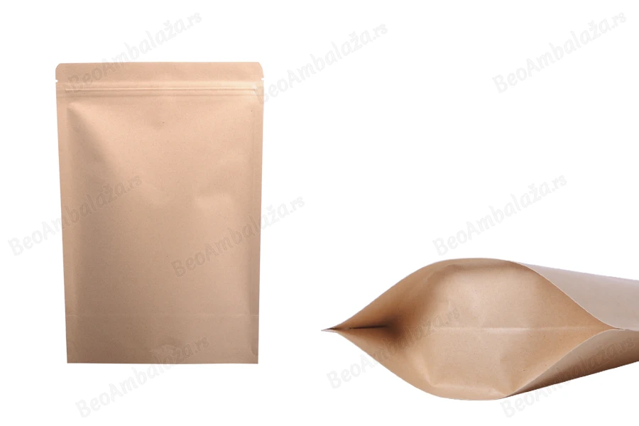 Kraft DoyPack kesice 130x40x210 mm sa zip zatvaranjem, unutrašnjom aluminijumskom oblogom, ovalnim dnom i sa mogućnošću termo zatvaranja – 50 kom-slika_proizvoda