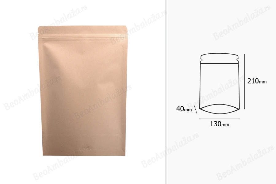 Kraft DoyPack kesice 130x40x210 mm sa zip zatvaranjem, unutrašnjom aluminijumskom oblogom, ovalnim dnom i sa mogućnošću termo zatvaranja – 50 kom-dimenzije_slike