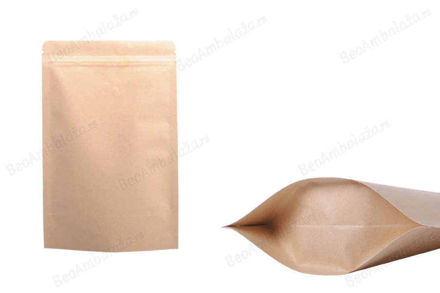 Kraft DoyPack kesice sa zip zatvaranjem, unutrašnjom aluminijumskom oblogom, ovalnim dnom i sa mogućnošću termo zatvaranja150x40x210 mm – 50 kom-slika_proizvoda