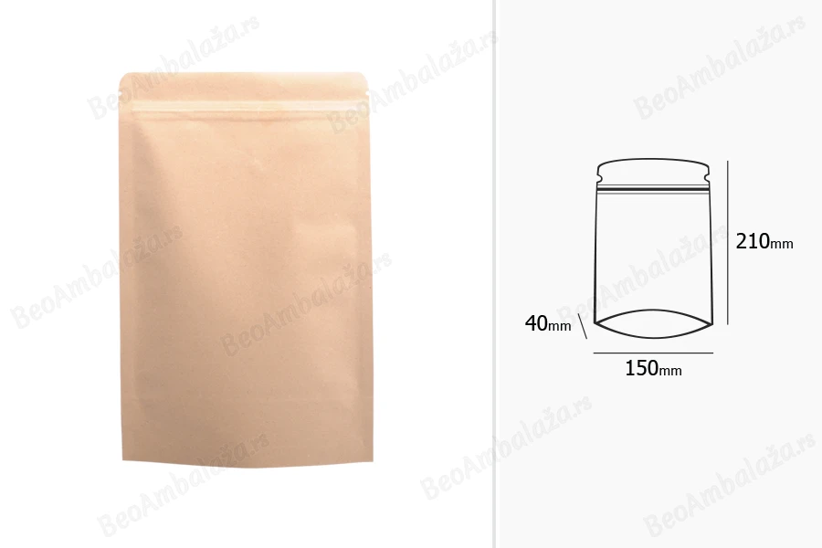 Kraft DoyPack kesice sa zip zatvaranjem, unutrašnjom aluminijumskom oblogom, ovalnim dnom i sa mogućnošću termo zatvaranja150x40x210 mm – 50 kom-dimenzije_slike