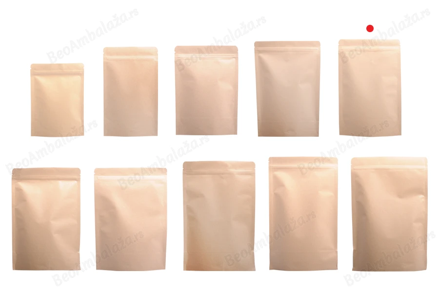 Kraft DoyPack kesice sa zip zatvaranjem, unutrašnjom aluminijumskom oblogom, ovalnim dnom i sa mogućnošću termo zatvaranja150x40x210 mm – 50 kom-grupa_slika