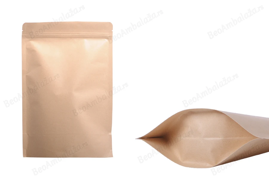 Kraft DoyPack kesice sa zip zatvaranjem, unutrašnjom aluminijumskom oblogom, ovalnim dnom i sa mogućnošću termo zatvaranja 150x40x240 mm – 50 kom-slika_proizvoda