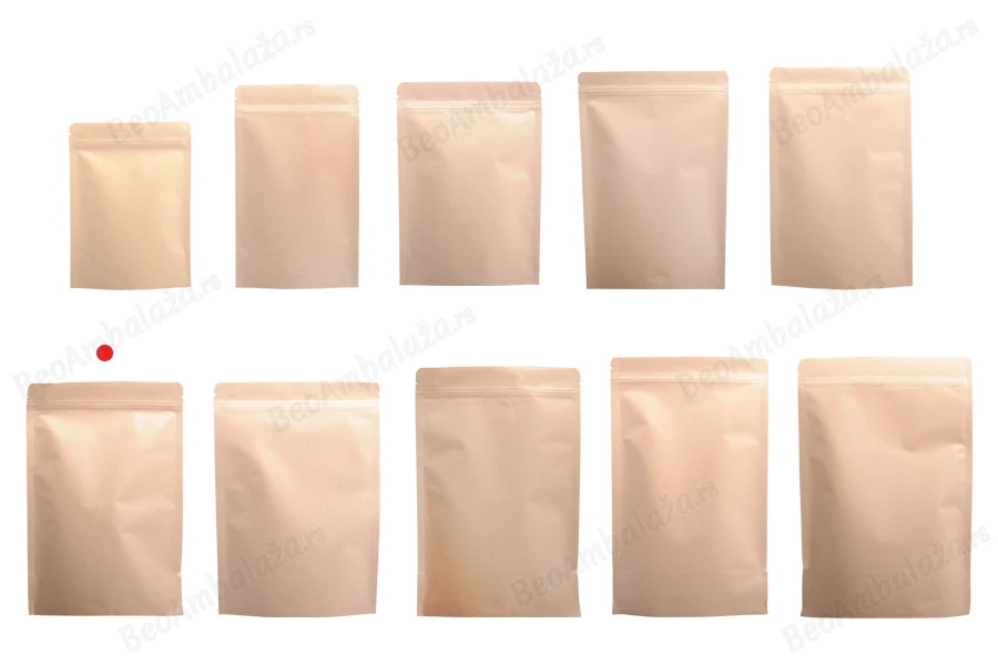 Kraft DoyPack kesice 150x40x240 mm sa zip zatvaranjem, unutrašnjom aluminijumskom oblogom, ovalnim dnom i sa mogućnošću termo zatvaranja – 50 kom-grupa_slika