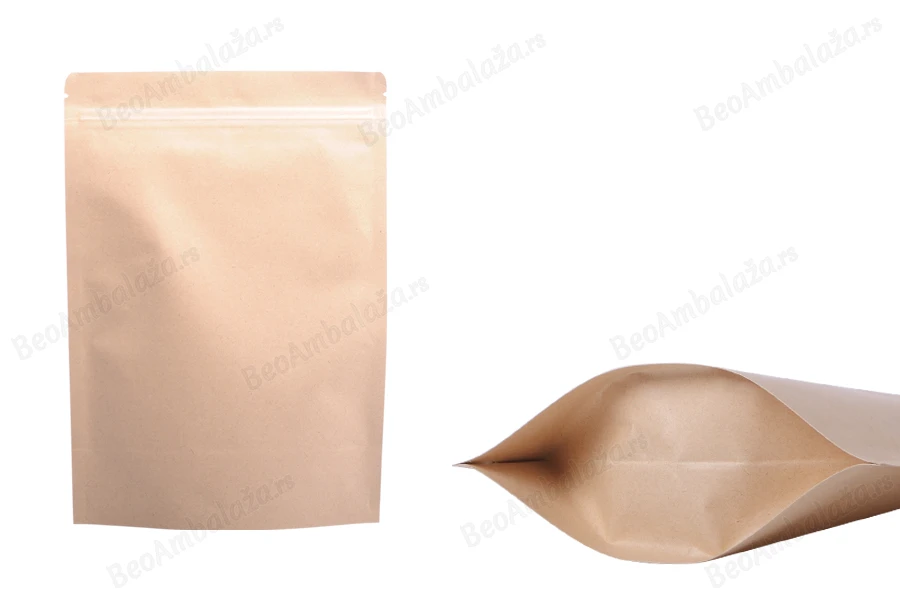 Kraft DoyPack kesice sa zip zatvaranjem, unutrašnjom aluminijumskom oblogom, ovalnim dnom i sa mogućnošću termo zatvaranja 170x40x240 mm – 50 kom-slika_proizvoda
