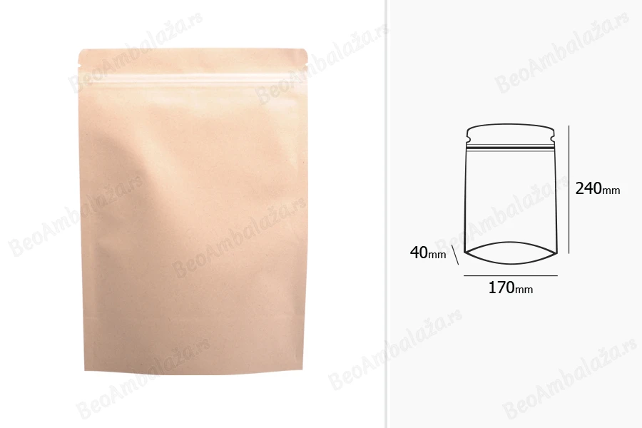 Kraft DoyPack kesice sa zip zatvaranjem, unutrašnjom aluminijumskom oblogom, ovalnim dnom i sa mogućnošću termo zatvaranja 170x40x240 mm – 50 kom-dimenzije_slike