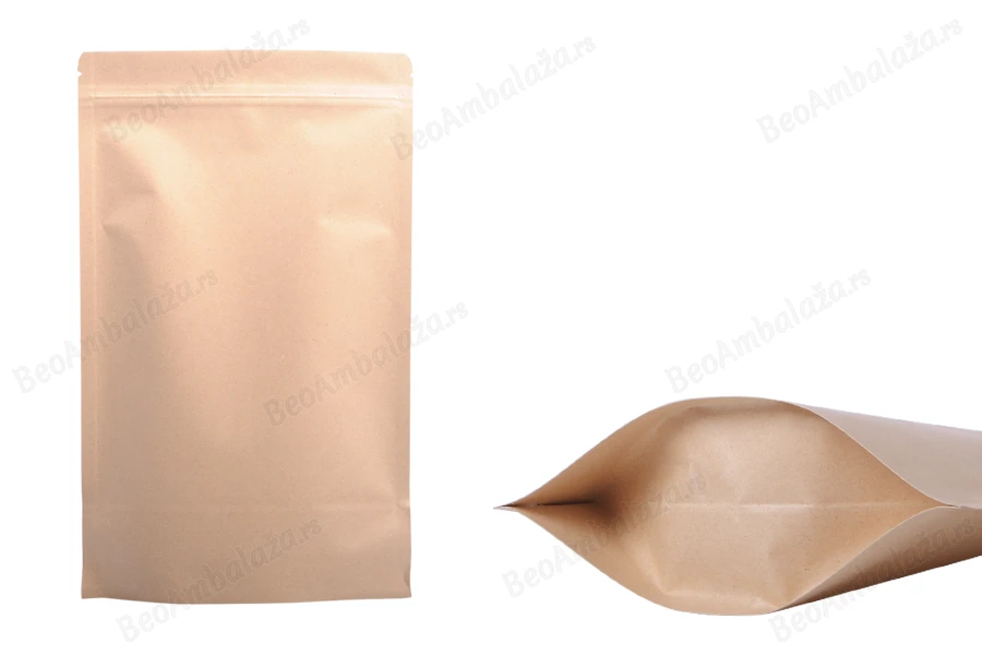 Kraft DoyPack kesice 180x50x300 mm sa zip zatvaranjem, unutrašnjom aluminijumskom oblogom, ovalnim dnom i sa mogućnošću termo zatvaranja – 50 kom-slika_proizvoda