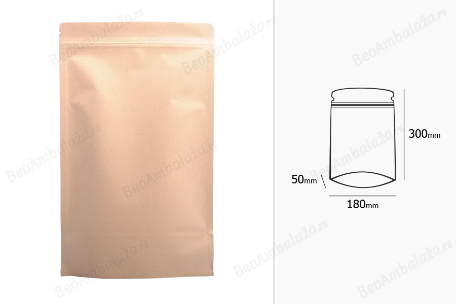Kraft DoyPack kesice 180x50x300 mm sa zip zatvaranjem, unutrašnjom aluminijumskom oblogom, ovalnim dnom i sa mogućnošću termo zatvaranja – 50 kom-dimenzije_slike
