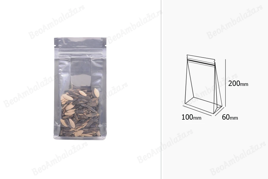 Aluminijumske DoyPack kesice sa zipom, transparentnom prednjom stranom i mogućnošću termo zatvaranja 100x60x200mm – 50kom-grupa_slika