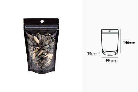 Aluminijumske DoyPack kesice sa zip zatvaranjem, crnom zadnjom i transparentnom prednjom stranom, ovalnim dnom i sa mogućnošću termo lepljenja 90x30x140mm - 100kom-2
