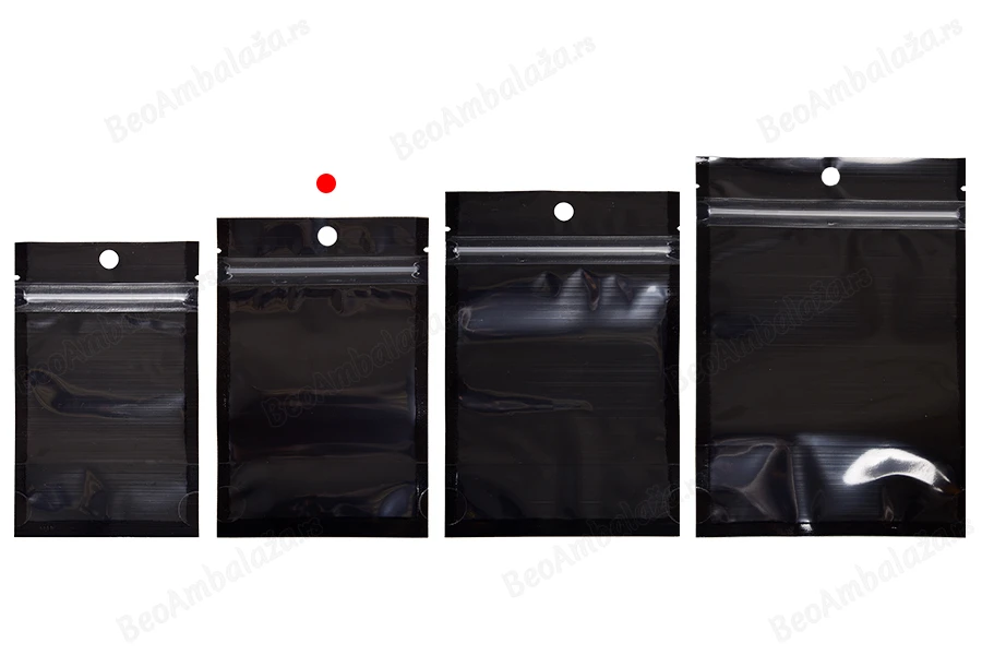 Aluminijumske DoyPack kesice sa zip zatvaranjem, crnom zadnjom i transparentnom prednjom stranom, ovalnim dnom i sa mogućnošću termo lepljenja 90x30x140mm - 100kom-grupa_slika