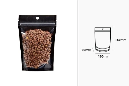Aluminijumske DoyPack kesice sa zipom, crnom zadnjom i transparentnom prednjom stranom, ovalnim dnom i sa mogućnošću termo zatvaranja 100x30x150mm - 100kom-2