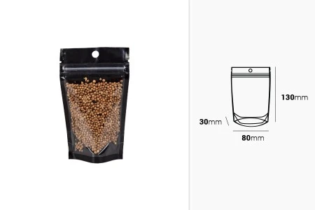 Aluminijumske DoyPack kesice sa zipom, crnom zadnjom i transparentnom prednjom stranom, ovalnim dnom i sa mogućnošću termo zatvaranja 80x30x130mm - 100kom-2