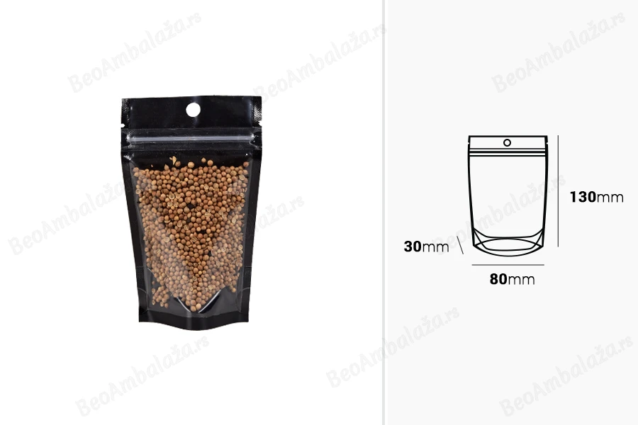Aluminijumske DoyPack kesice sa zipom, crnom zadnjom i transparentnom prednjom stranom, ovalnim dnom i sa mogućnošću termo zatvaranja 80x30x130mm - 100kom-dimenzije_slike
