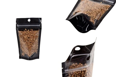 Aluminijumske DoyPack kesice sa zipom, crnom zadnjom i transparentnom prednjom stranom, ovalnim dnom i sa mogućnošću termo zatvaranja 80x30x130mm - 100kom-1