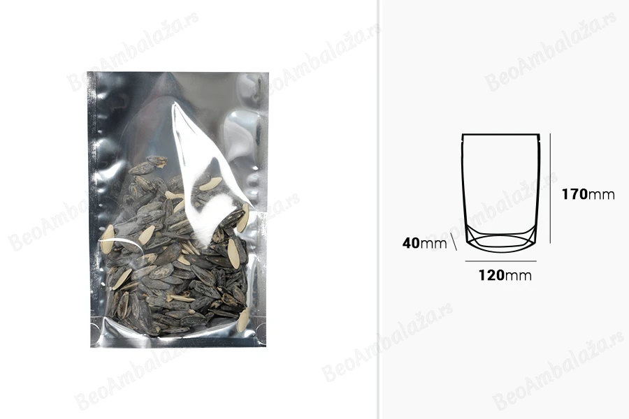Aluminijumske DoyPack kesice 120x40x170 mm sa providnom prednjom stranom i ovalnim dnom, na termo zatvaranje - 100 kom-dimenzije_slike