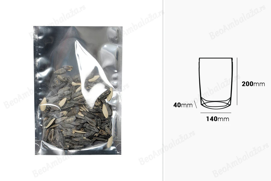 Aluminijumske DoyPack kesice 140x40x200 mm sa providnom prednjom stranom i ovalnim dnom, na termo zatvaranje - 100 kom-dimenzije_slike