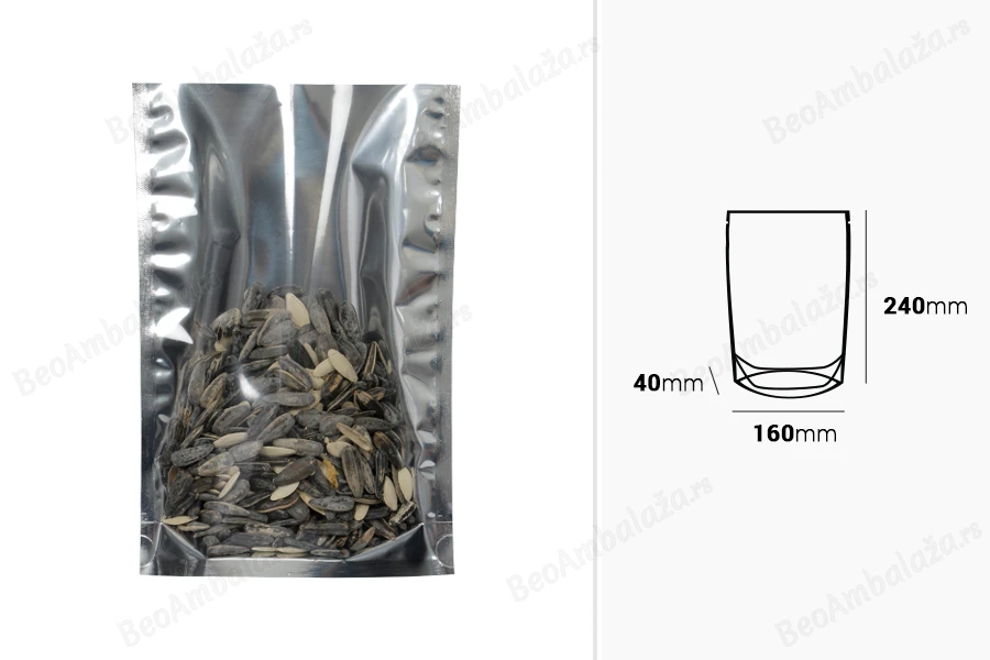 Aluminijumske DoyPack kesice 160x40x240 mm sa providnom prednjom stranom i ovalnim dnom, na termo zatvaranje - 100 kom-