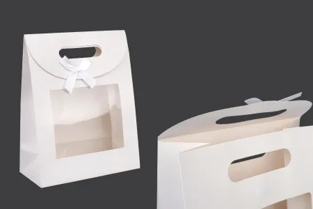 Papirna bela poklon kesa 190x90x240 mm sa zatvaranjem na čičak, prozorom i mašnom - 12 kom-1