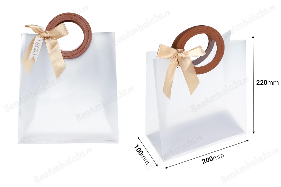Plastična poluprovidna poklon torbica 200x100x220 mm sa mašnom i kožnim ručkama - 12 kom-dimenzije_slike
