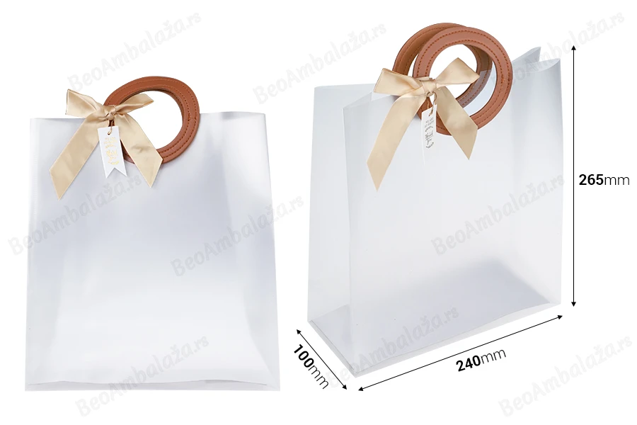 Plastična poluprovidna poklon torbica 240x100x265 mm sa mašnom i ručkama sa teksturom kože - 12 kom-dimenzije_slike