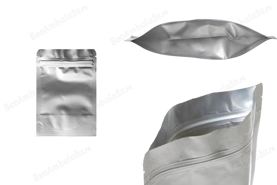 Aluminijumske DoyPack kesice sa zip zatvaranjem, ovalnim dnom i sa mogućnošću termo lepljenja 90x30x130 mm - 100 kom-slika_proizvoda