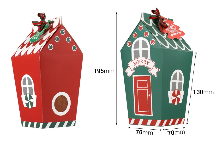 Božićna kartonska poklon kutijica u obliku kućice 70x70x195 mm sa trakom i karticom - 10 kom-dimenzije_slike