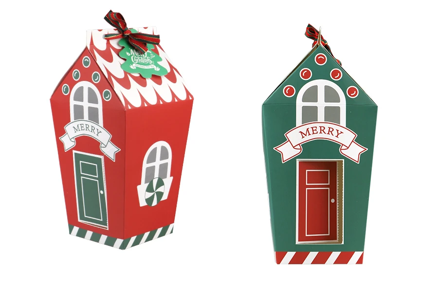 Božićna kartonska poklon kutijica u obliku kućice 70x70x195 mm sa trakom i karticom - 10 kom-slika_proizvoda