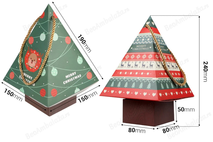 Božićna kartonska poklon kutija 150x150x240 mm u obliku jelke, sa trakom  - 10 kom-dimenzije_slike