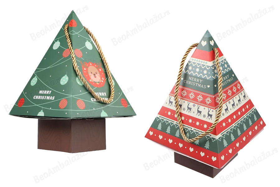 Božićna kartonska poklon kutija 150x150x240 mm u obliku jelke, sa trakom  - 10 kom-slika_proizvoda