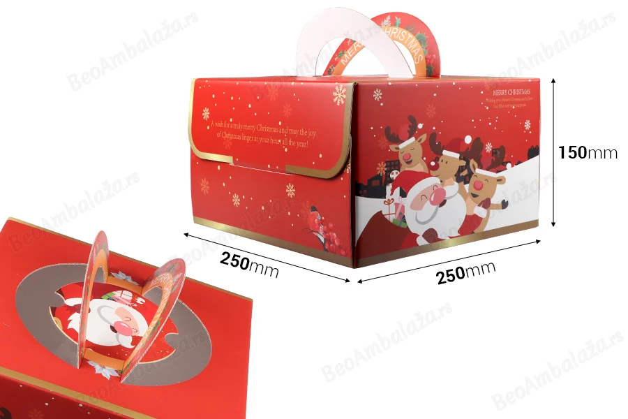 Božićna kartonska poklon kutijica 250x250x150 mm sa ručkom - 10 kom-dimenzije_slike