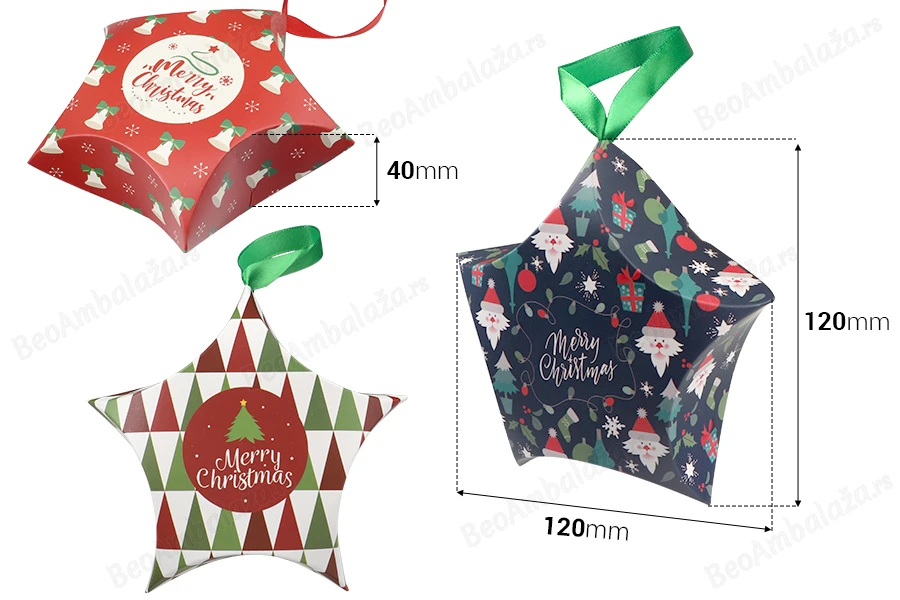 Božićna kartonska poklon kutijica - ukras u obliku zvezde sa trakom  120x40x120 mm - 10 kom-dimenzije_slike