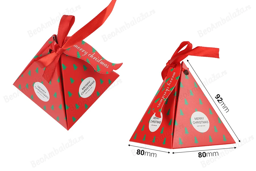 Božićna kartonska poklon kutija 80x80x92 mm u obliku piramide, sa ukrasnom trakom i karticom - 10 kom-dimenzije_slike