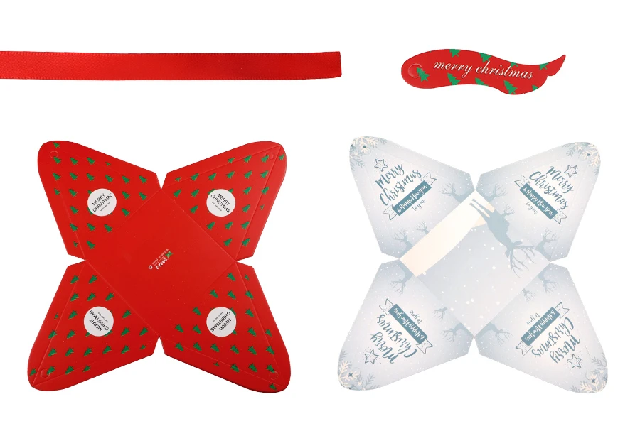 Božićna kartonska poklon kutija 80x80x92 mm u obliku piramide, sa ukrasnom trakom i karticom - 10 kom-grupa_slika