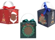 Božićna kartonska poklon kutija 90x90x90 mm sa prozorom, drškom i ukrasnom trakom - 10 kom-slika_proizvoda