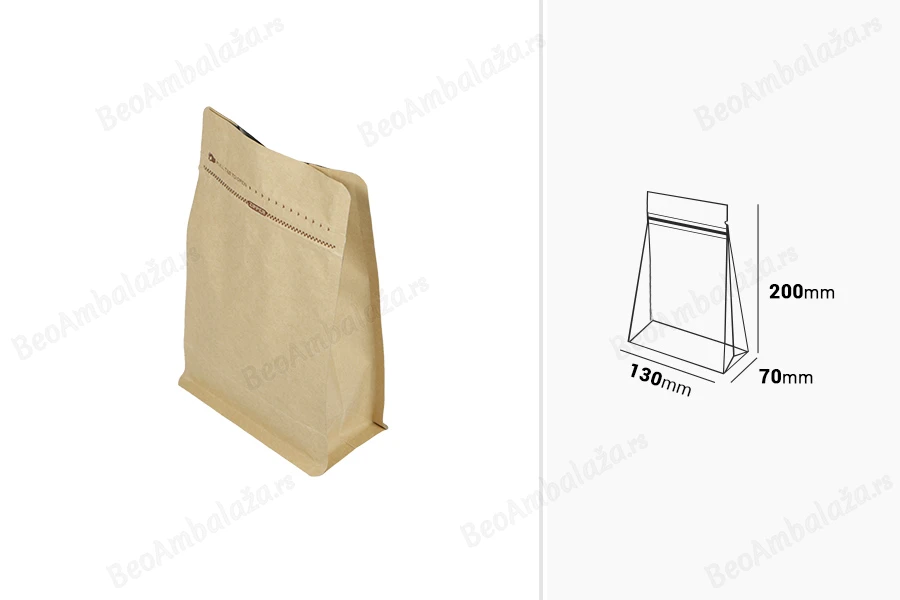 Aluminijumske DoyPack 130x70x200 mm  kesice sa ventilom, kraft spoljnom oblogom, sigurnosnom tračicom i zipom, na termo zatvaranje, idealne za kafu - 50kom-dimenzije_slike