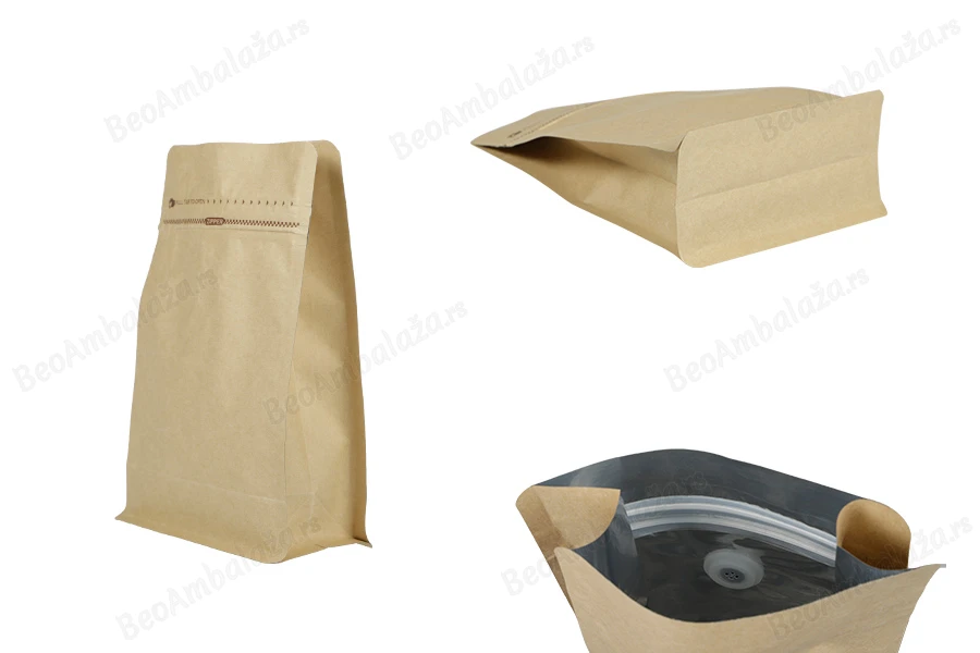 Aluminijumske DoyPack 130x70x200 mm  kesice sa ventilom, kraft spoljnom oblogom, sigurnosnom tračicom i zipom, na termo zatvaranje, idealne za kafu - 50kom-slika_proizvoda