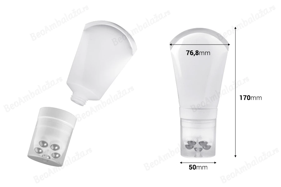 Plastična bela tubica 100mL sa metalnim roll on kuglicama i providnim zatvaračem-dimenzije_slike