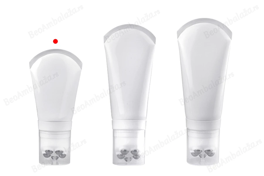 Plastična bela tubica 100mL sa metalnim roll on kuglicama i providnim zatvaračem-grupa_slika
