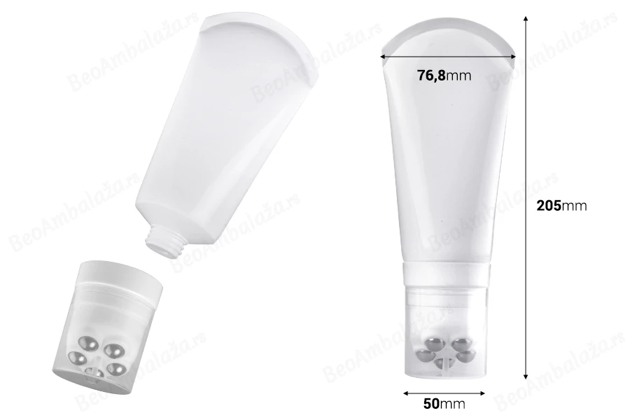 Plastična bela tubica 150mL sa metalnim roll on kuglicama i providnim zatvaračem-dimenzije_slike