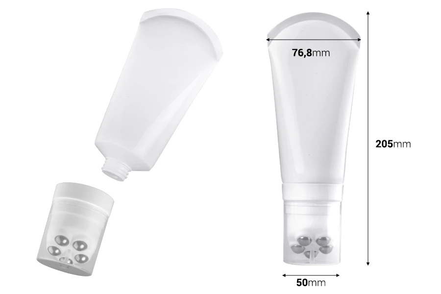 Plastična bela tubica 150mL sa metalnim roll on kuglicama i providnim zatvaračem Plastična bela tubica 150mL sa metalnim roll on kuglicama i providnim zatvaračem