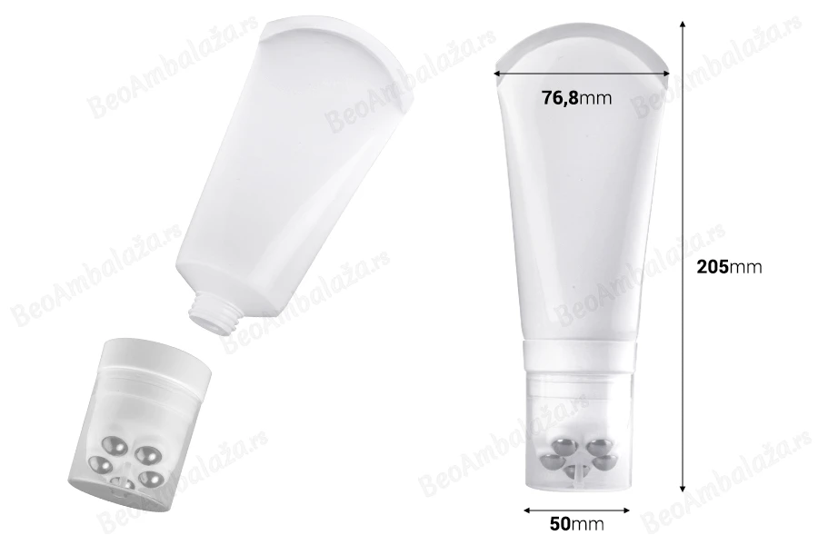 Plastična bela tubica 150mL sa metalnim roll on kuglicama i providnim zatvaračem-dimenzije_slike